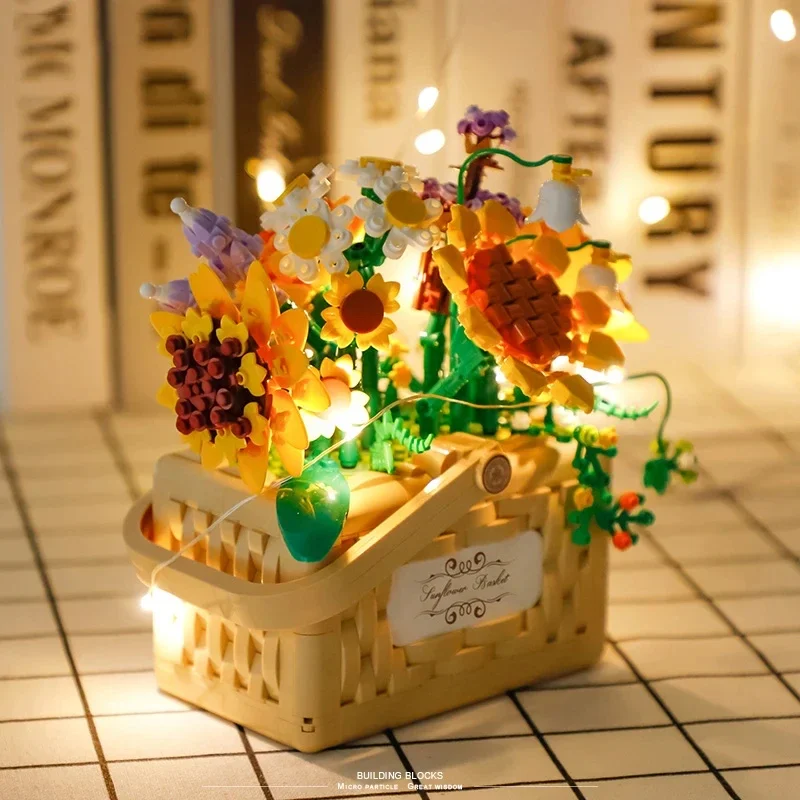 Sunflower Rose Flower Basket With Light Plant Mini Building Blocks Toy Desktop Decoration Adult Romantic Gift Kids Holiday Gifts