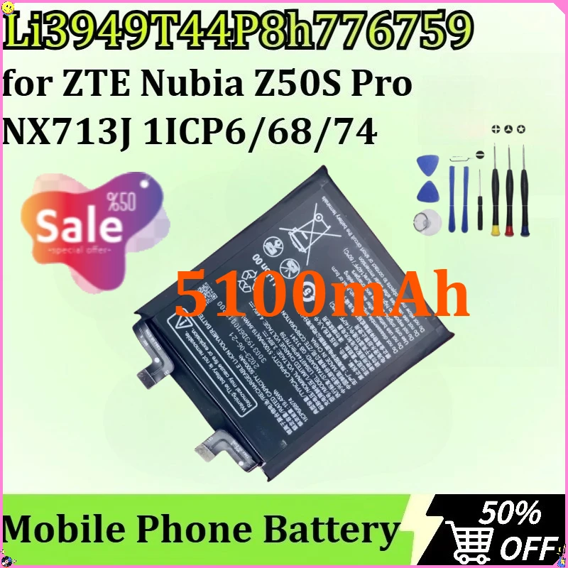

For ZTE Nubia Z50S Pro NX713J 1ICP6/68/74 Newly Upgraded Li3949T44P8h776759 5100mAh High-Capacity Mobile Phone Battery + Tools