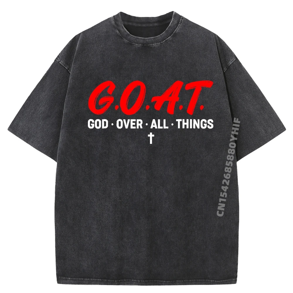 

G.O.A.T. God Over All Things Funny Apparel White Graphic Tee Men's Cotton T-Shirt Comfortable Washed Clothes