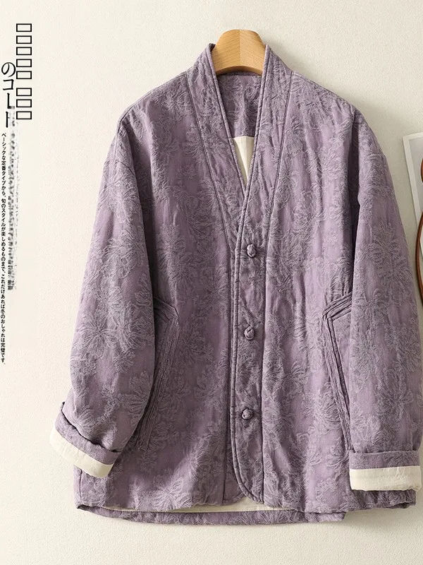 الرجعية الصينية زر القطن Jaet شتاء جديد Sle عادية الدافئة الأزهار التطريز ملابس خارجية Thiened طويلة Sve V-Ne معطف