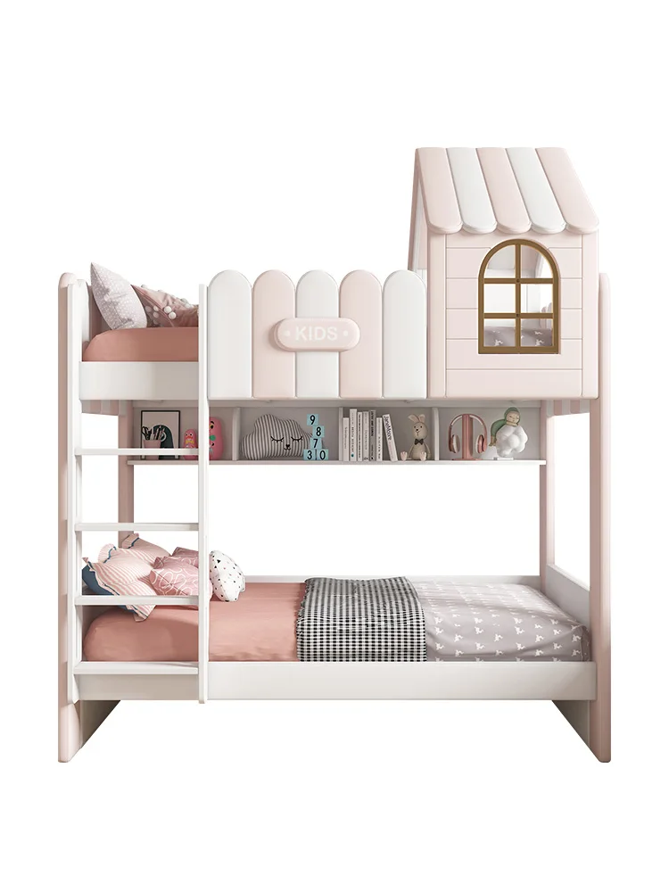 Upper and lower same width bunk bed princess bed girl pink multi-functional girl 1.5 meters, high box high and low bed combinati