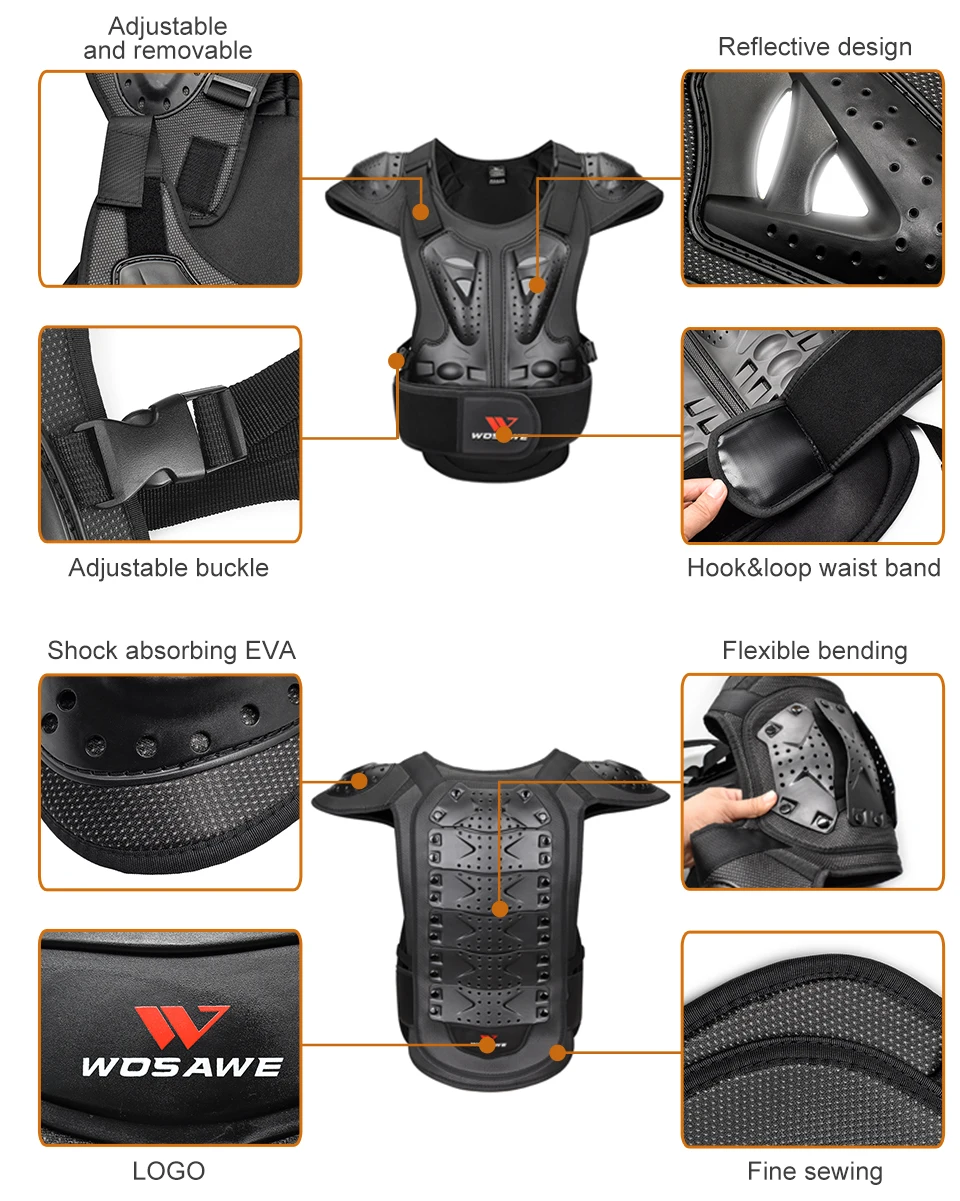 WOSAWE Motorcycle Armor Vest Chest Back Spine Support Men Body Protective Gear Motocross Snowboarde Skate Skateboard Protection