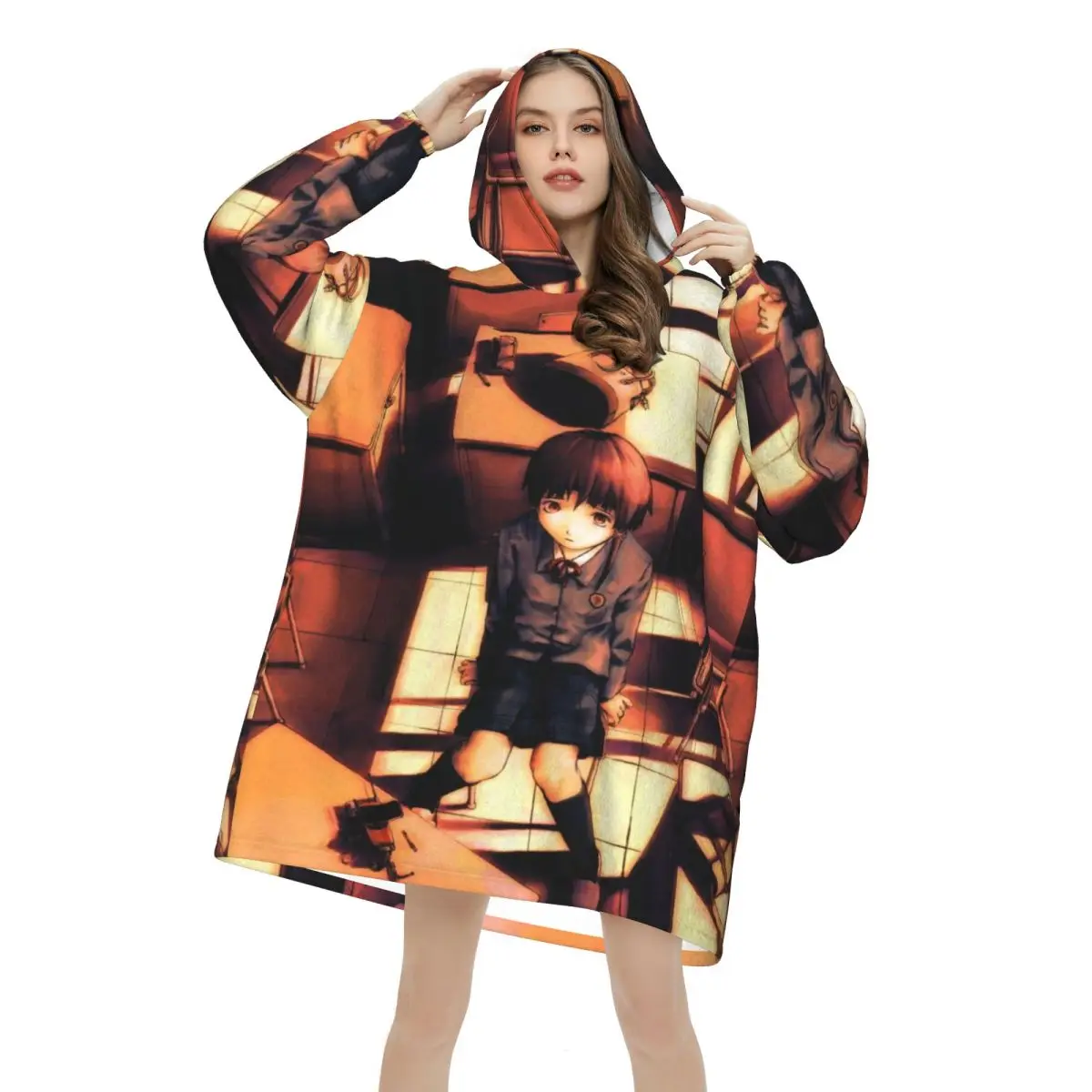 Serial Experiments Lain Lwakura Blanket Hoodie Oversized Wearable Sweatshirt Blanket Warm Gifts for Women Girls Girlfriend