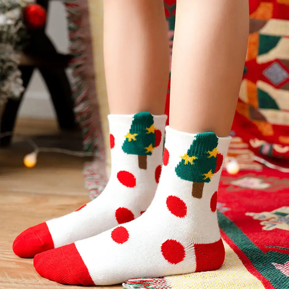 5Pairs Child Christmas Socks Premium Cotton Mid-Tube Cozy Breathable Sweats-Absorbing Lovely Xmas Pattern Kids Holiday Socks