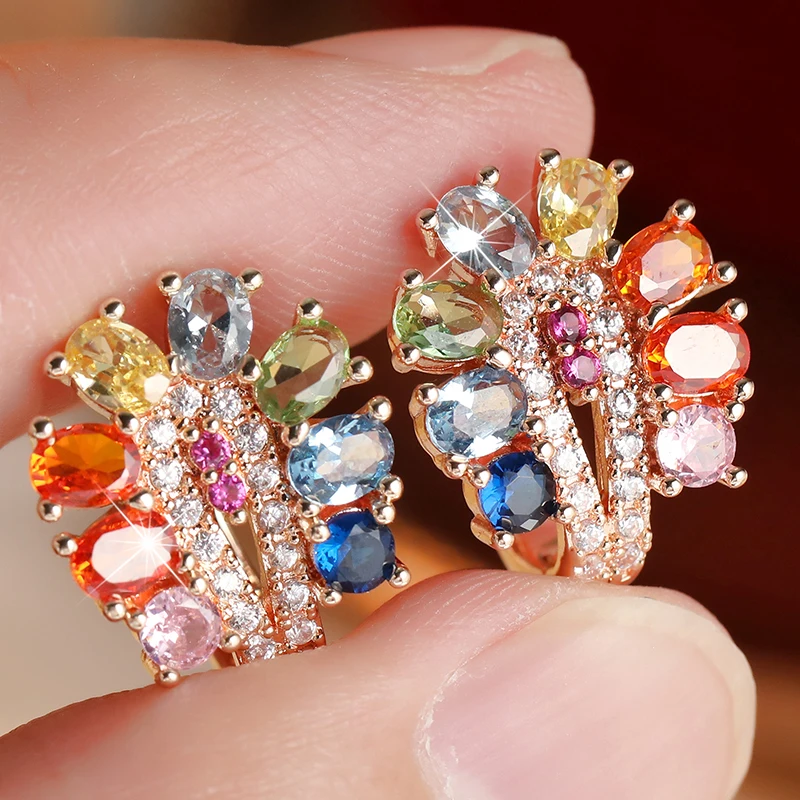 Luxury Sparkling Multicolor Synthetic Zirconia Floral Hoop Earrings Women's Trendy Delicate Banquet Celebration Charming Jewelry