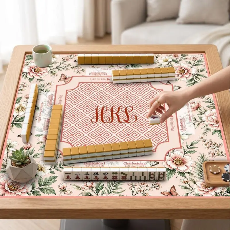 VIKAMA teal floral chinoiserie bird non slip mahjong mat washable shock absorb for us play game room accent family game gift