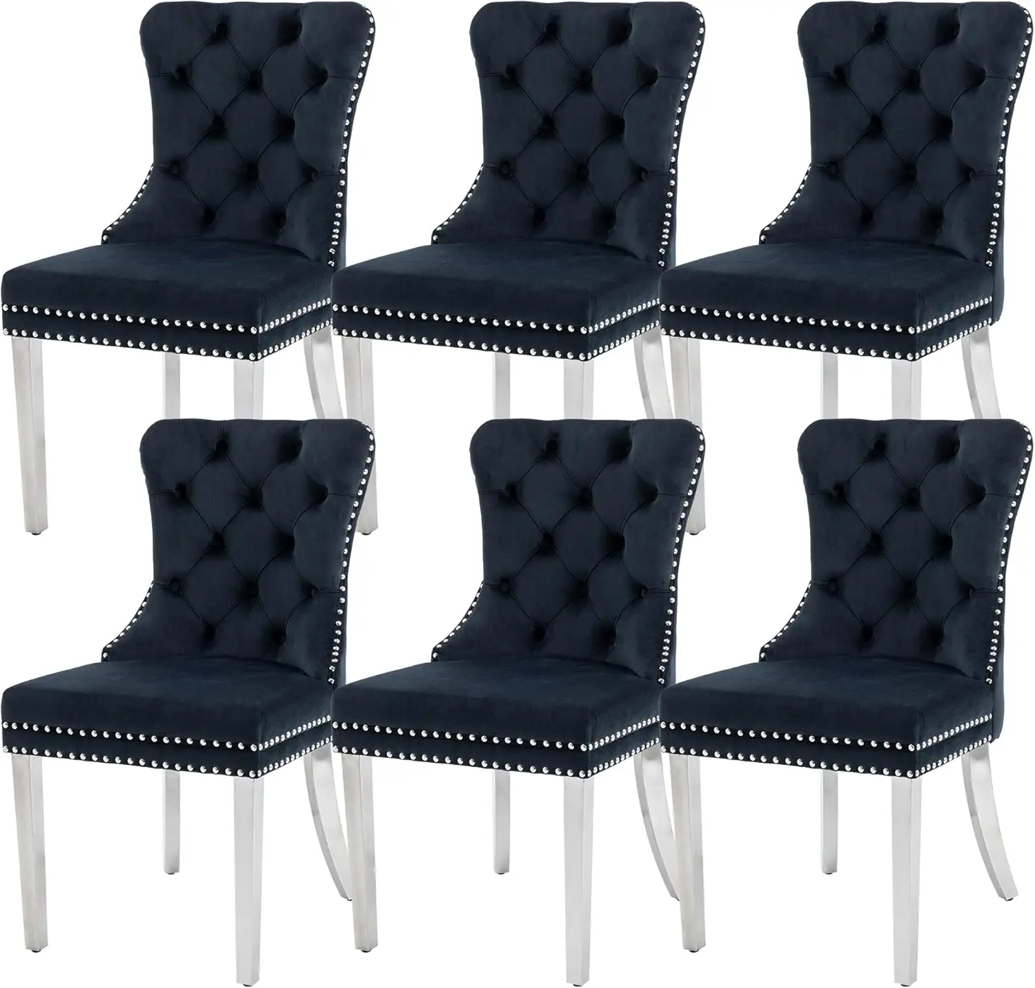 Black，Velvet Dining Chairs Set of 6, Upholstered High-end Tufted Dining Room Chair with Nailhead Back Ring Pull Trim Stainless S