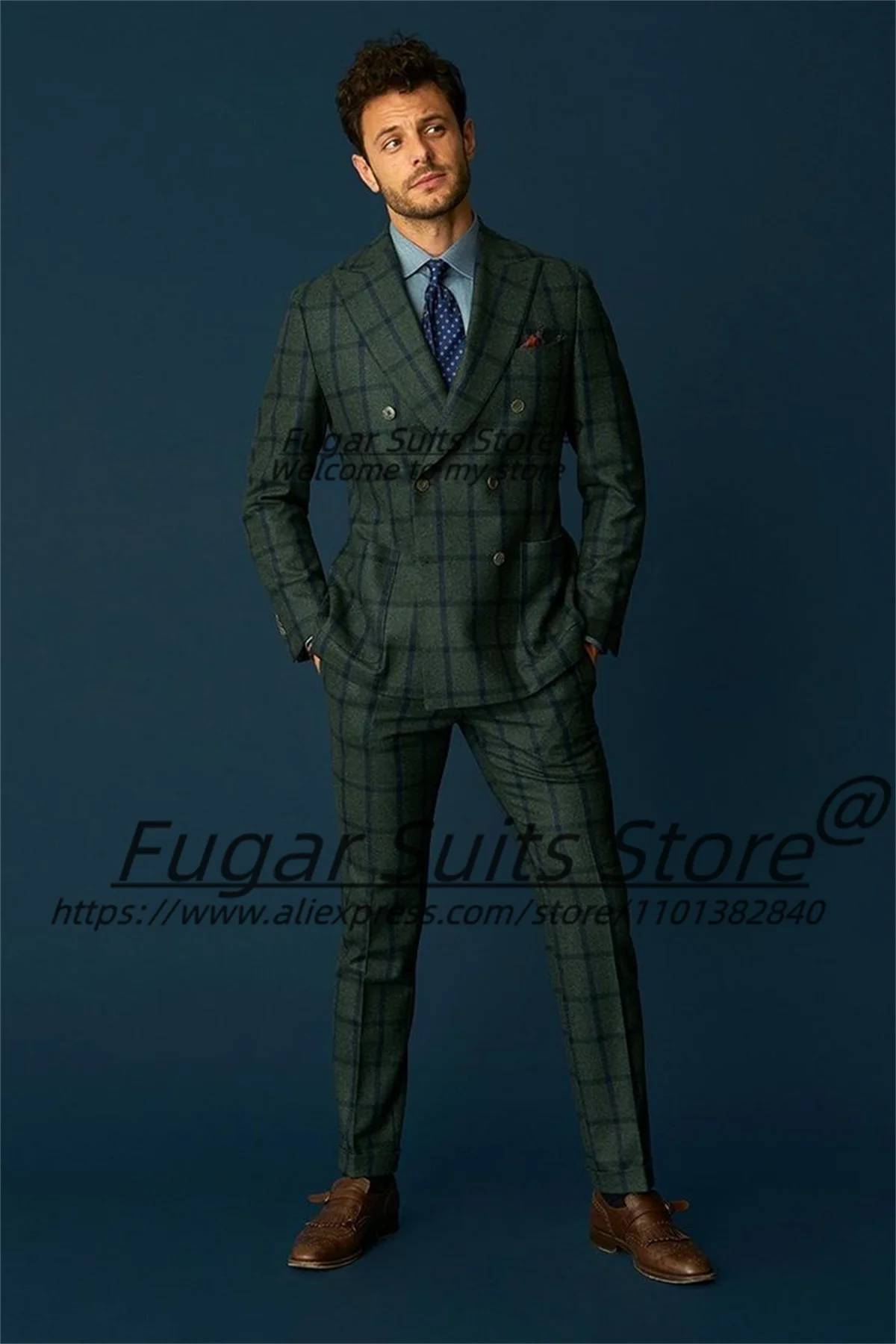 Italian style Green Plaid Men Suits Customized Handsome Business Man Tuxedos Double Breasted 2 Pieces Sets trajes para hombre