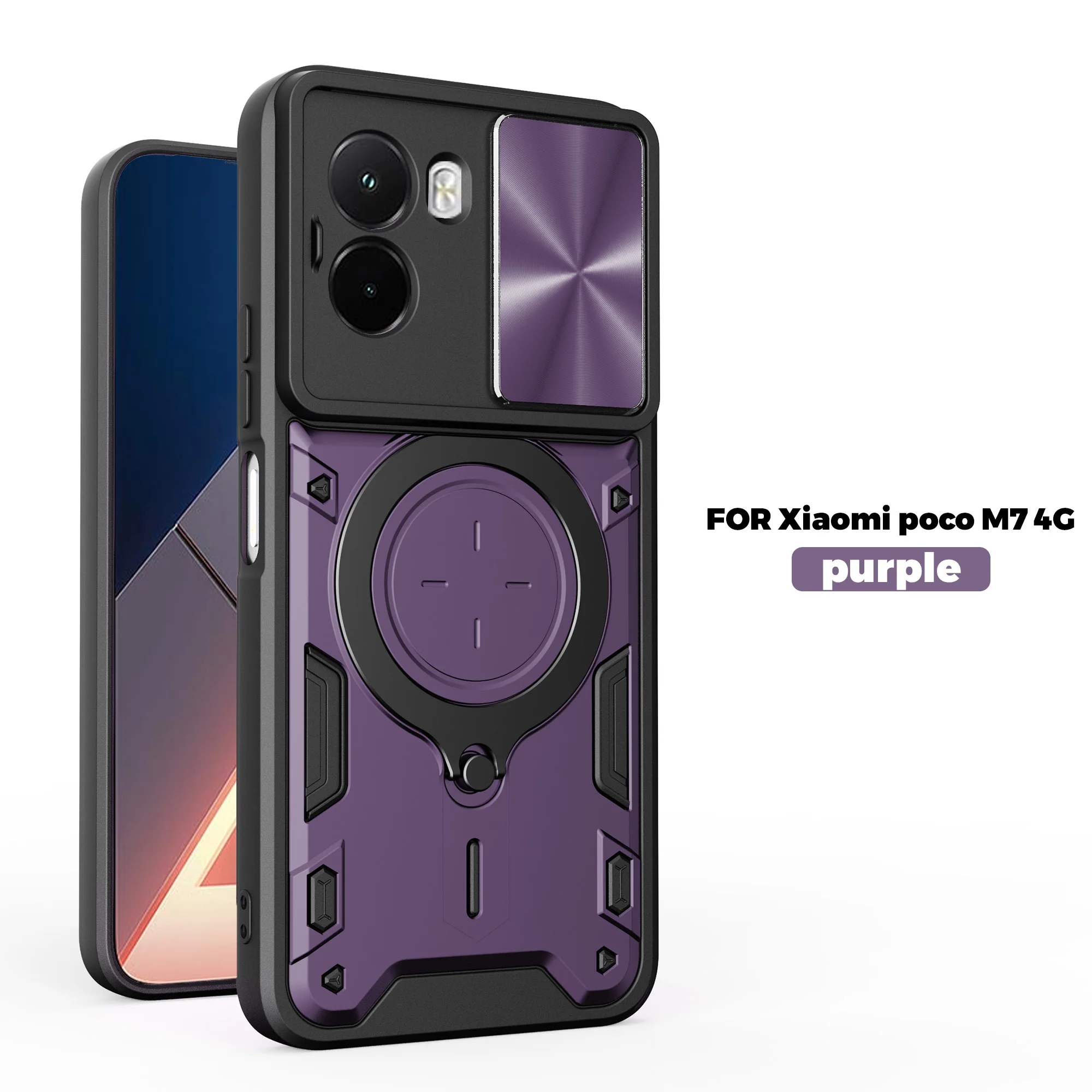 Case for Xiaomi Poco M7 4G Magnetic Slide Camera Protection Poco M7Plus M7pro M6Pro Cover 360 Rotate Kickstand Armor Ring Funda
