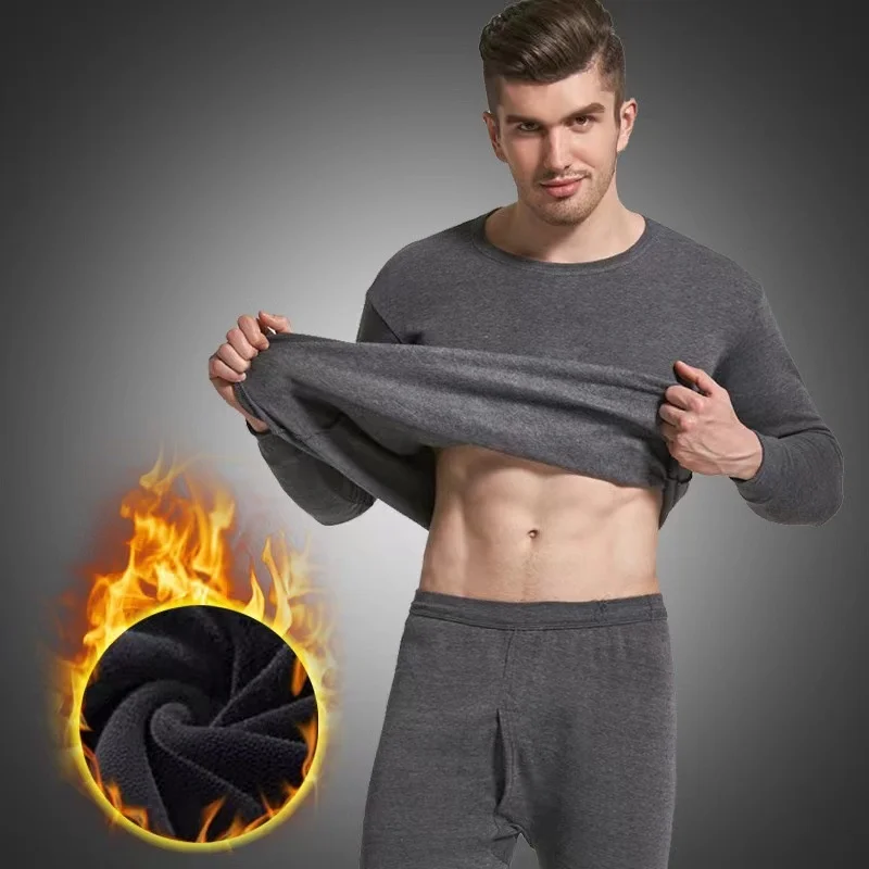 Men Thermal Underwear Set Fleece Lined Thick Warm Long Johns Round Neck Slim Fit Solid Color Winter Thermal Top And Bottom Suit