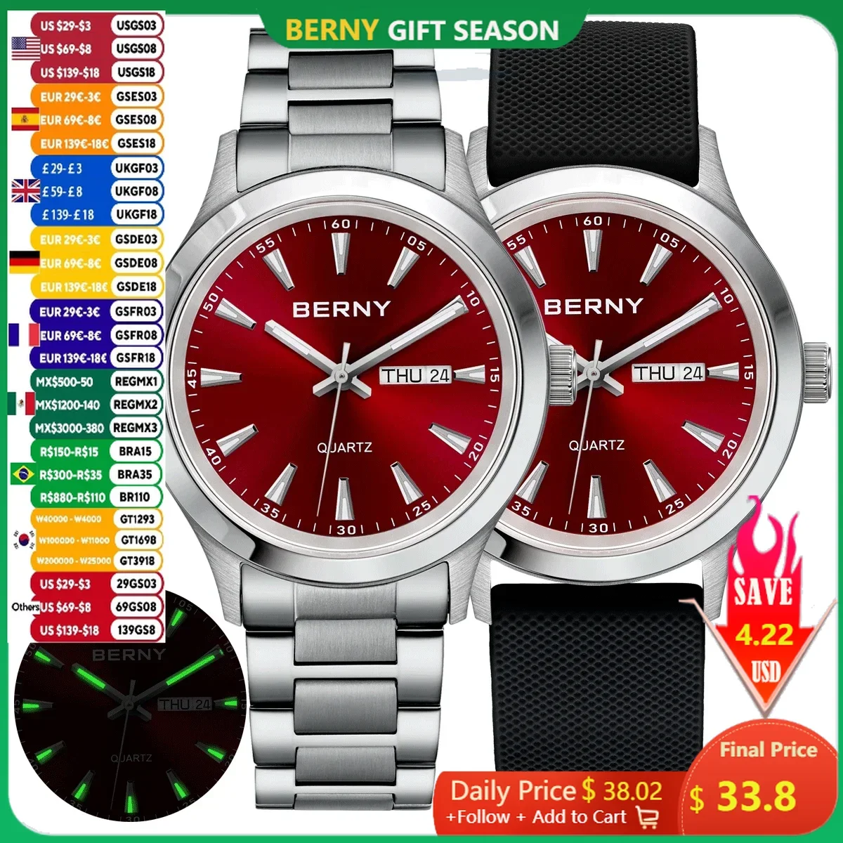 BERNY Men Watch Luminous Week Date Calendar Quartz watches for Men Stainless Steel Soft Silicone Dress Business Wristwatch