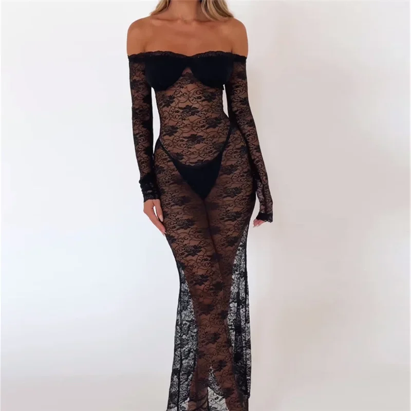 

2024 Summer Women's Fashion Sexy Boat Neck Long Sleeve Lace See-through Dress Elegant Sexy Party Dress Club Outfit