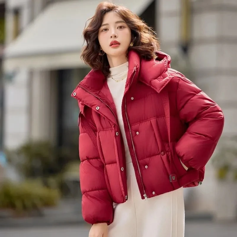 

Зимняя женская укороченная куртка-пальто 2025 года в корейском стиле, свободного кроя, с капюшоном и лентами, утепленная, однотонная, повседневная
