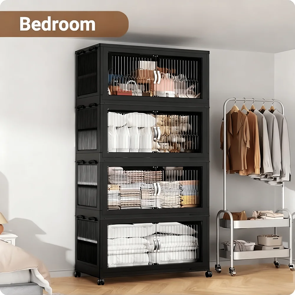 

600Qt Stackable Storage Bins With Lid, Extra Large Closet Organizer Collapsible Drawer Boxes With Wheels, Folding Plastic Cabin