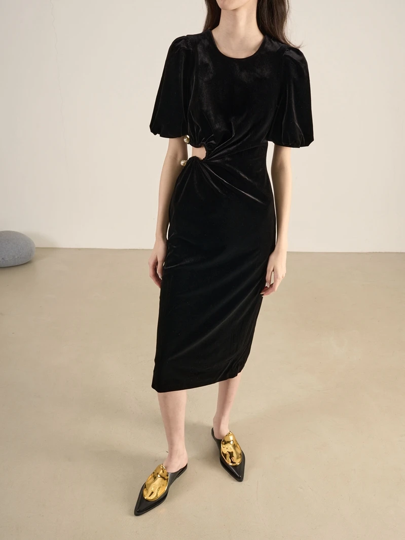 

Ele Velvet Pearl Metal Bule Hollow out High Waist Bubble ort Sve Dr Vintage Bla LANVIVIER Women's Dr