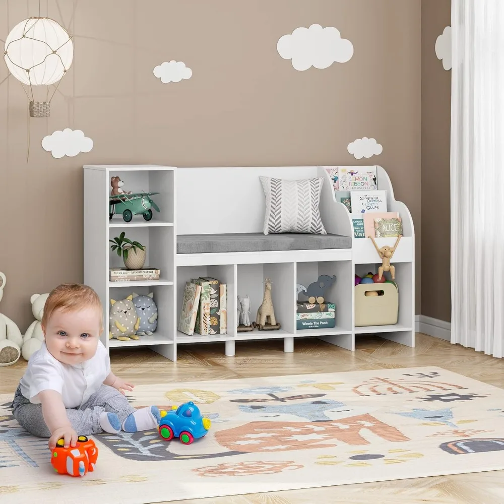 HOUSUIT estantería para niños con Nook de lectura, estantería con cojín de asiento y estante ajustable, Banco de almacenamiento con estante para libros