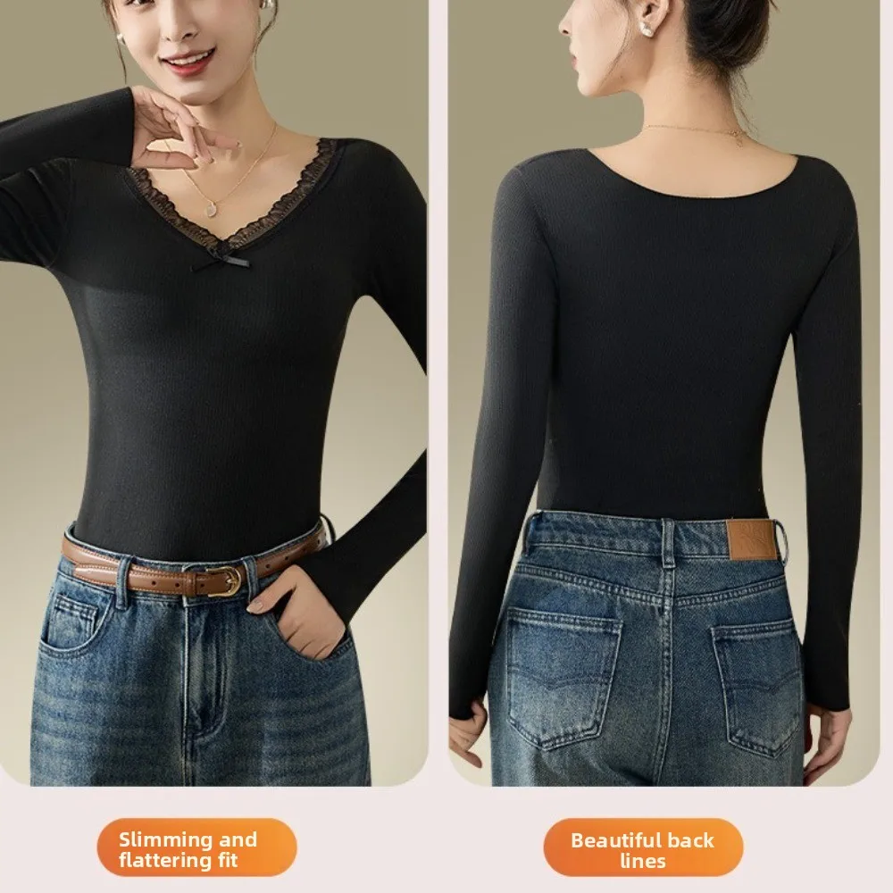 

Lace Women Wool Thermal Clothes V Neck Invisible Thermal Underwear Feel Heating Wool Fleece Warmth Long Tops Lady