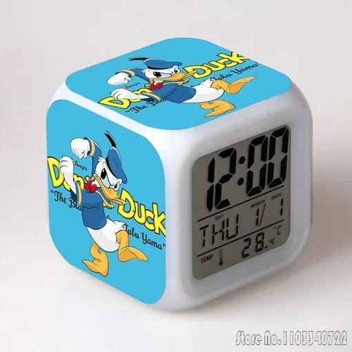 Cartoon Mickey Mouse Minnie Donald Duck Alarm Clock Creative Student 8x8x8cm LED Cube Colorful Light Display Time Week Month