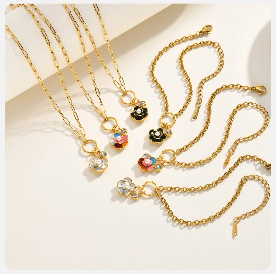 Vnox Exquisites Emaille-Armband mit bunten Blumen und Anhänger-Halskette für Damen, vergoldeter Blumenschmuck, trendige elegante Geschenke für Partys – Detail 12