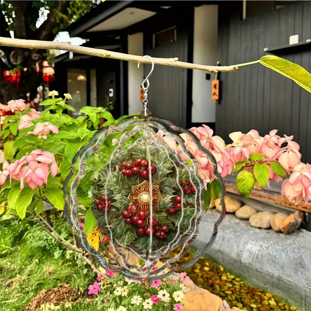 1pc Elegant Holly Berry Wind Chime - Metal Outdoor/Indoor Decoration with 360° Rotating Hook, No Batteries Needed - Christmas