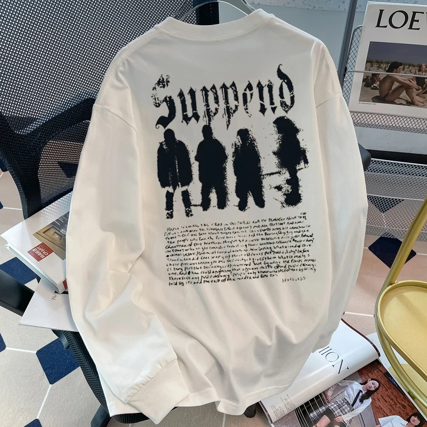 

Высококачественная хлопковая футболка с длинным рукавом и круглым вырезом, свободного кроя, больших размеров, для весны и осени, модная, с защитой от солнца