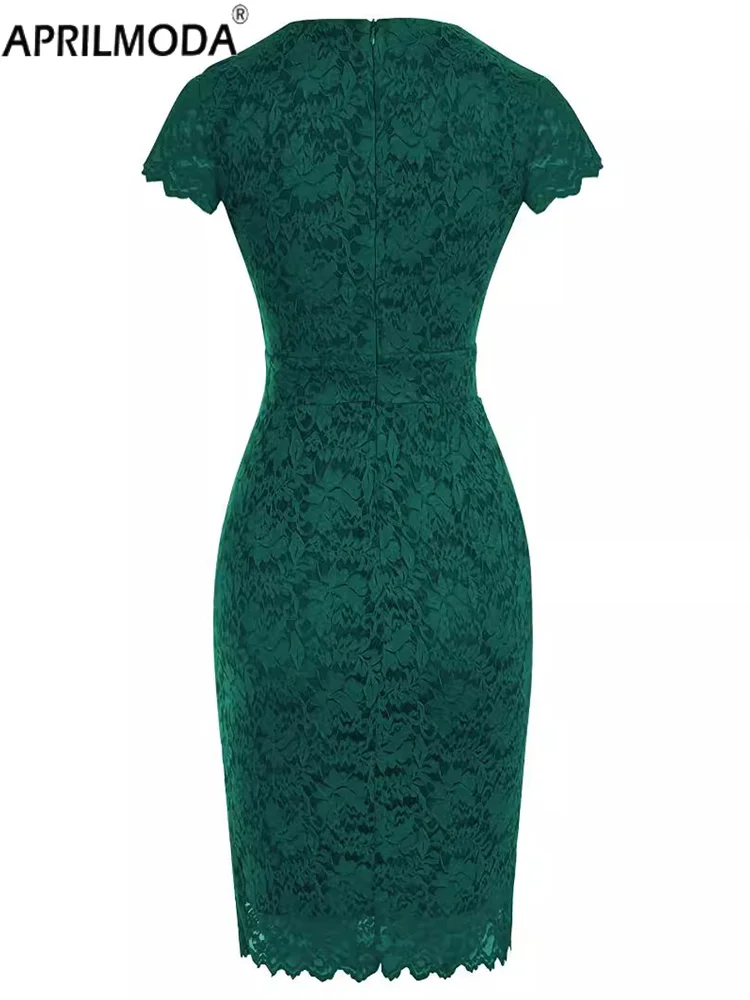 2024 Solid Green Lace Sheath Party Women's Dress Elegant Short Sleeve Bandage Retro Vintage1950s Office OL Wrap Pencil Dresses