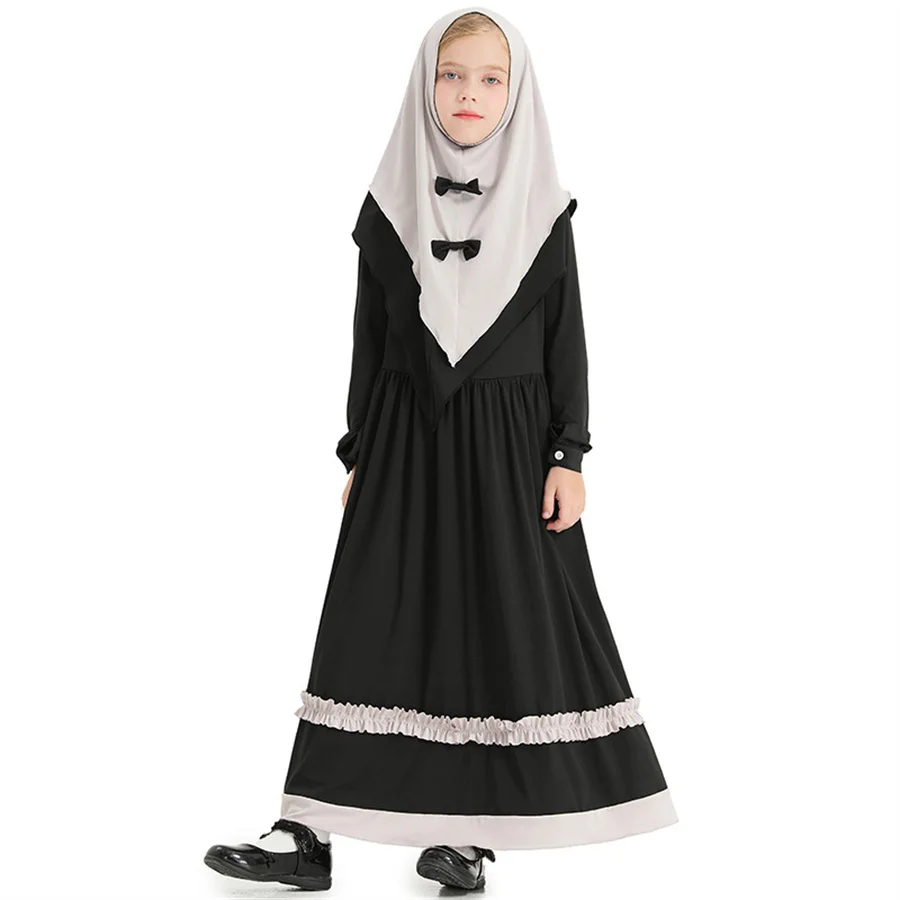 

2024 New Girls Abaya Black Hijab Prayer Dress Kids Islamic Arab Robe Long Sleeve Kaftan Headscarf Turkey Dubai Ramadan Clothes