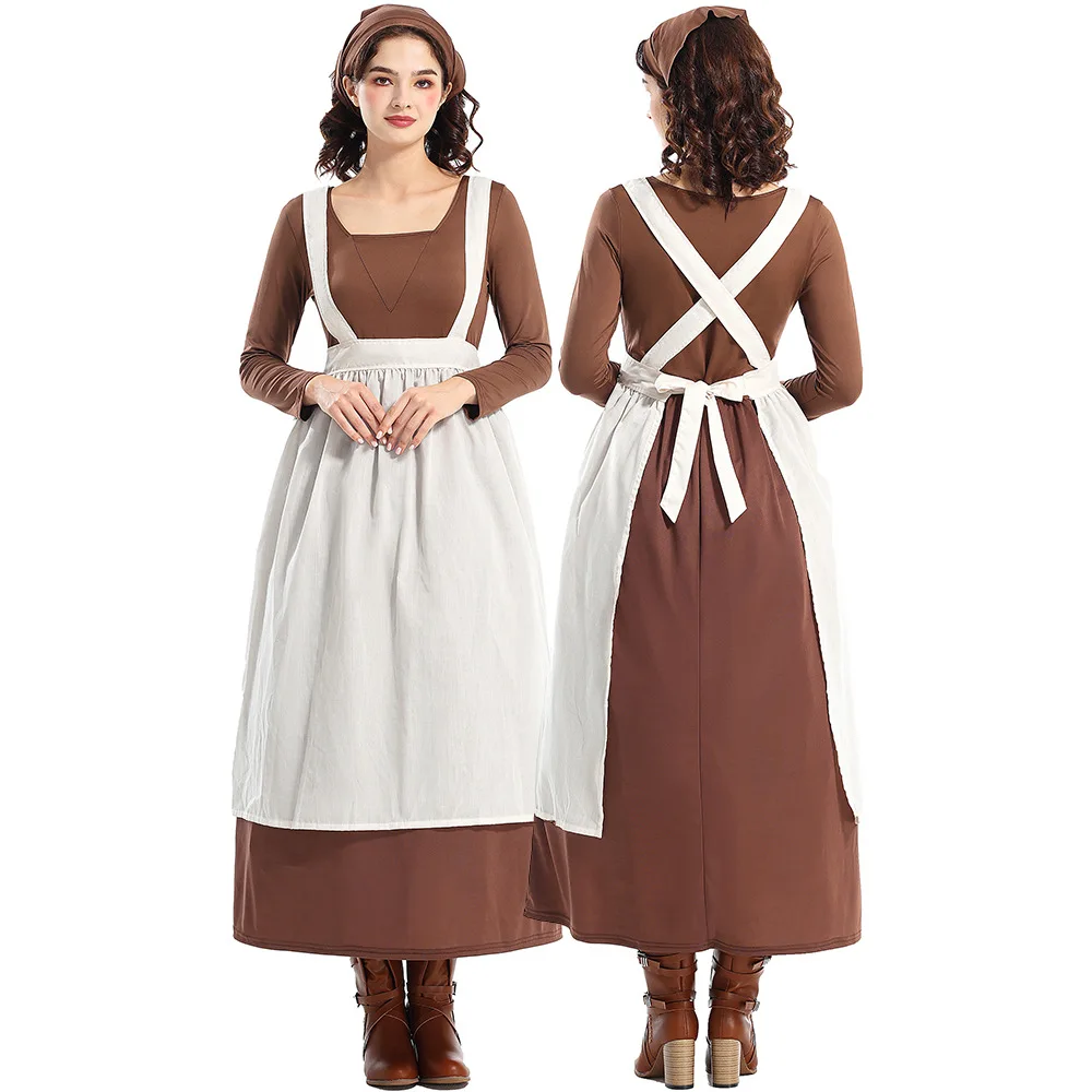 Women's Apron Maid Dress Cosplay Halloween Costume Ladies French Manor Dress Retro Role Play Medieval Elegant Maxi Dress