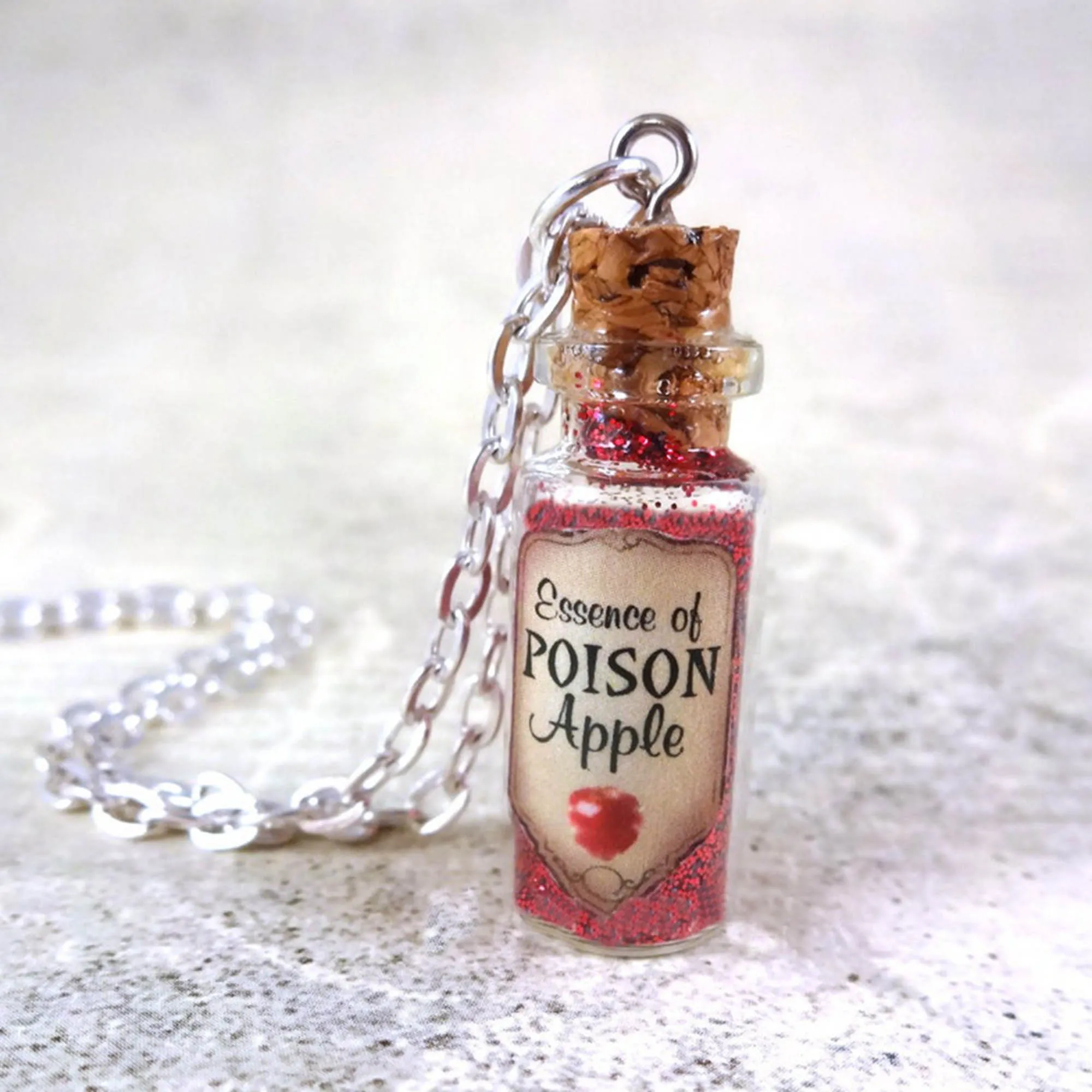 Essence of Poison Apple Snow White Bottle Necklace Evil Queen Jewelry Mini Glass Bottle Vial Charm Once Upon a Time Magic Spell