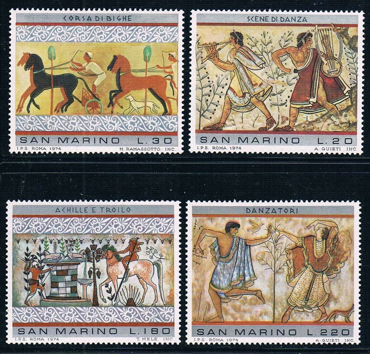 4Pcs/Set New San Marino Post Stamp 1975 Murals of The Ancient Tomb of Iruskan Stamps MNH