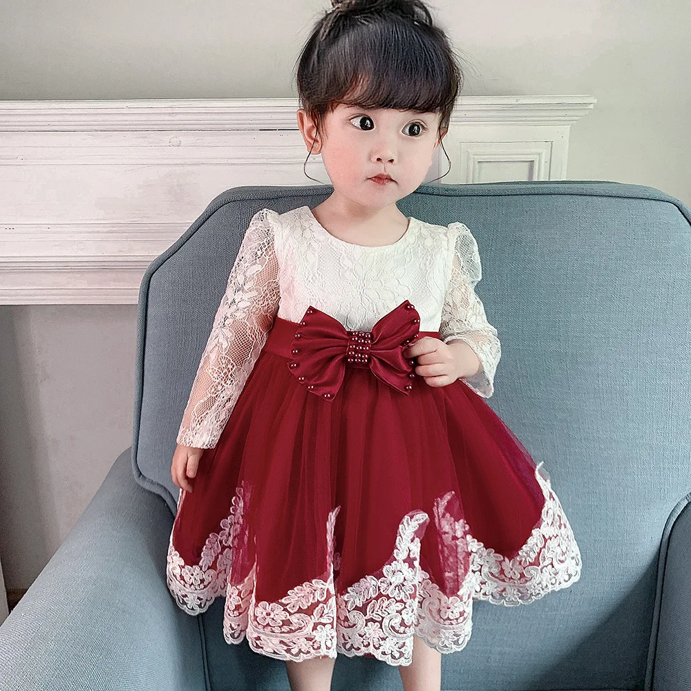 

2024 Children's Dress Baby's First Birthday Gift Girl's Red Celebration Lace Long Sleeved Satin Bowtie Fluffy Baby Baptist Dress