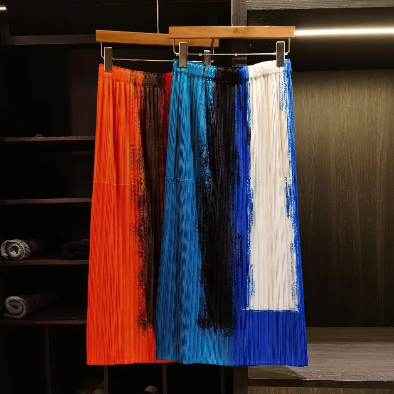 Miyake Pleated Skirt Summer High-End Vacation Style Color-Block Print Pleated High-End Elegant Versatile Back Slit Long Skirt