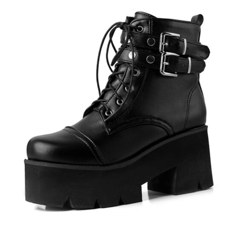 

Black Women's Ankle Boots Platform Autumn Winter Gothic Short Boot Shoes Lace-up Block Thick Heels Party Footwear Large Size 48