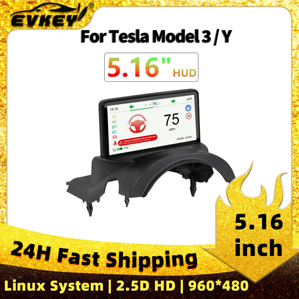 EVKEY 5.16 Inch Mini Dash Screen Display For Model Y Model 3 Heads Up Display 2.5D IPS HD Wireless Carplay Android auto