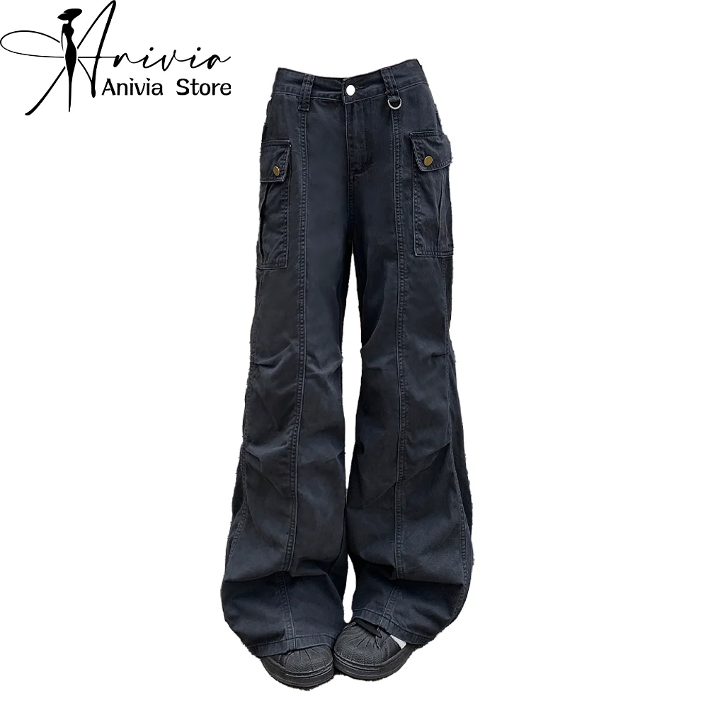 Women's Black Gothic Denim Pants Cargo Baggy Y2K Japanese Harajuku High Street Aesthetic Fashion Retro Wide Leg Jeans Clothing