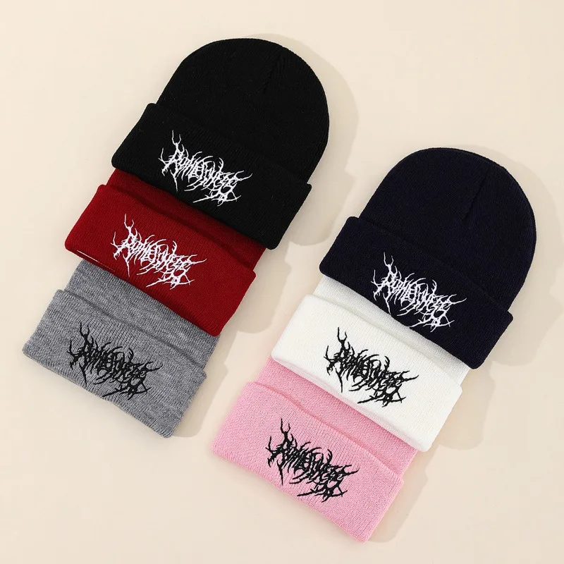 Gothic Death Metal Letter Embroidery Cuffed Knit Beanie Hat Men Women Punk Hip Hop Streetwear Soft Stretch Winter Warm Skull Cap