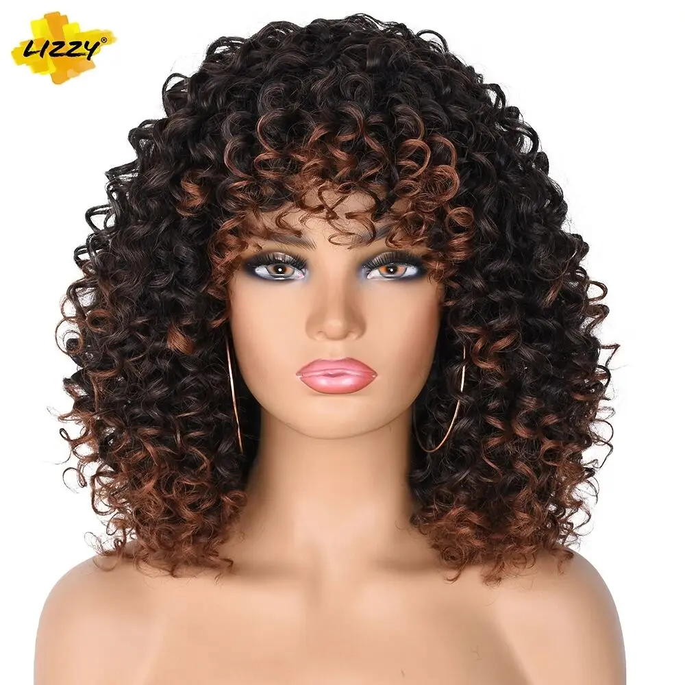 

Short Hair Afro Kinky Curly Wigs With Bangs For Black White Women Synthetic Cosplay Natural Ombre Brown Curly Bob Wig Lizzy 14"