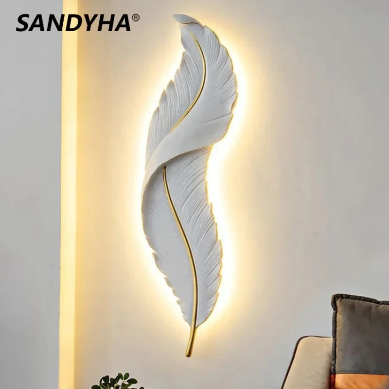 SANDYHA Modern Resin Wall Lamp White Feather Design Led Light for Living Room Sofa Dining Table Lighting Bedroom Decoration Home