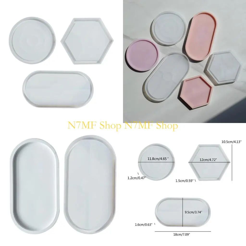 

N7MF 3Pcs Epoxy Hexagonal Oval Round Storage Tray Molds Fruit Storage Plate Mold