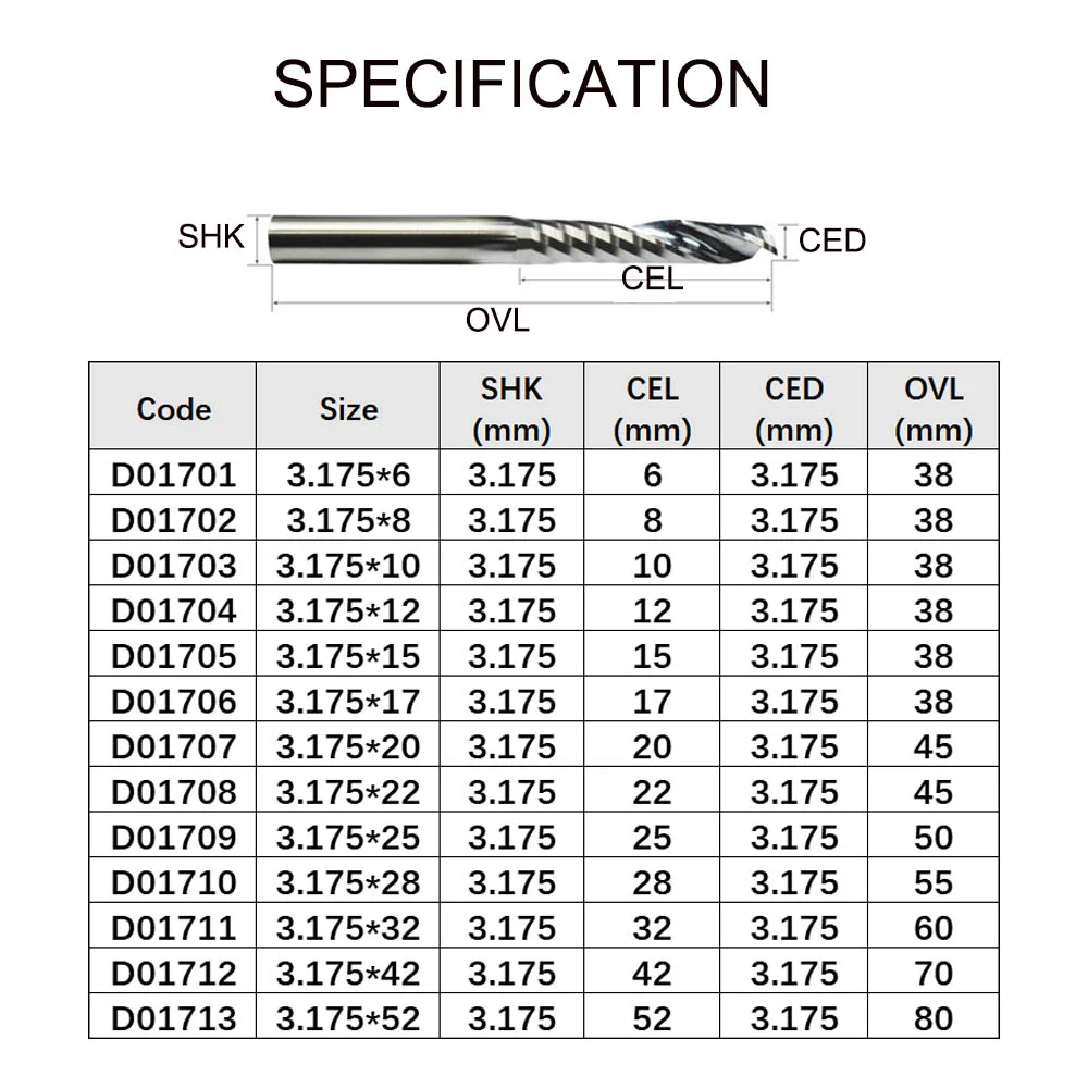 Vsharp AAA Level 3.175mm Shank High Precision 1 Flute Spiral Milling Cutter Acrylic Engraving End Mill CNC Tool for Acrylic PVC