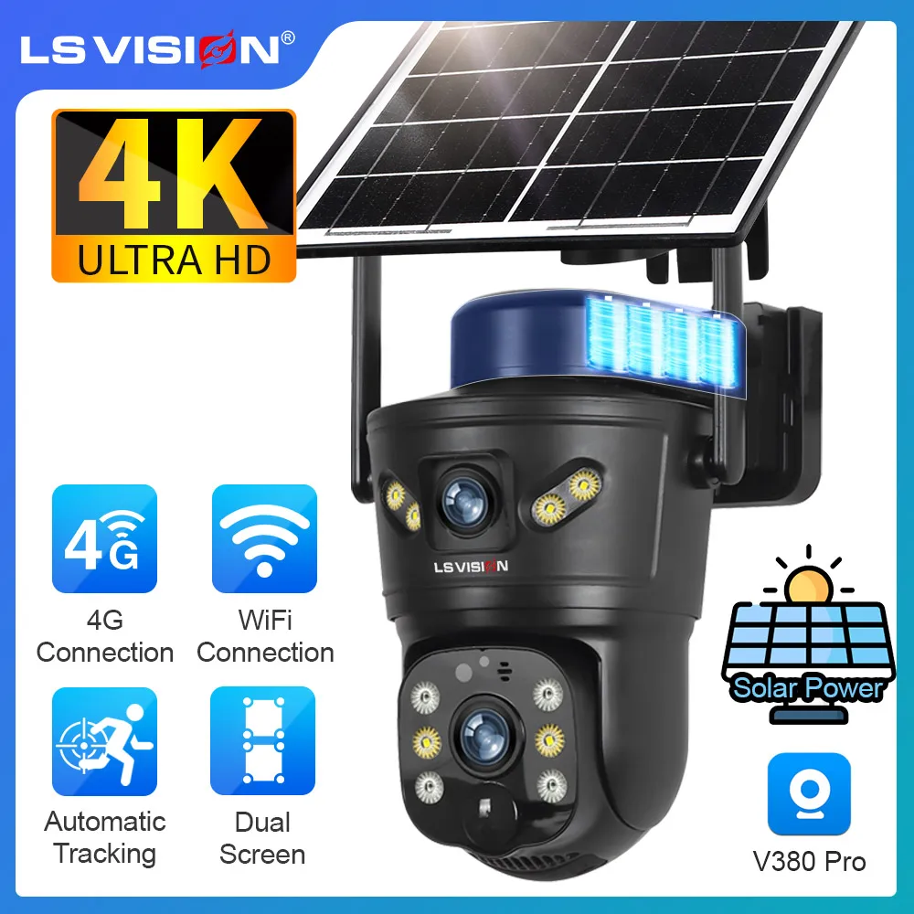 LS VISION 4K 8MP Dual Screens Solar Security Camera Outdoor 4G/WiFi Dual Lens PTZ Human Auto Tracking CCTV Cameras V380 Pro App
