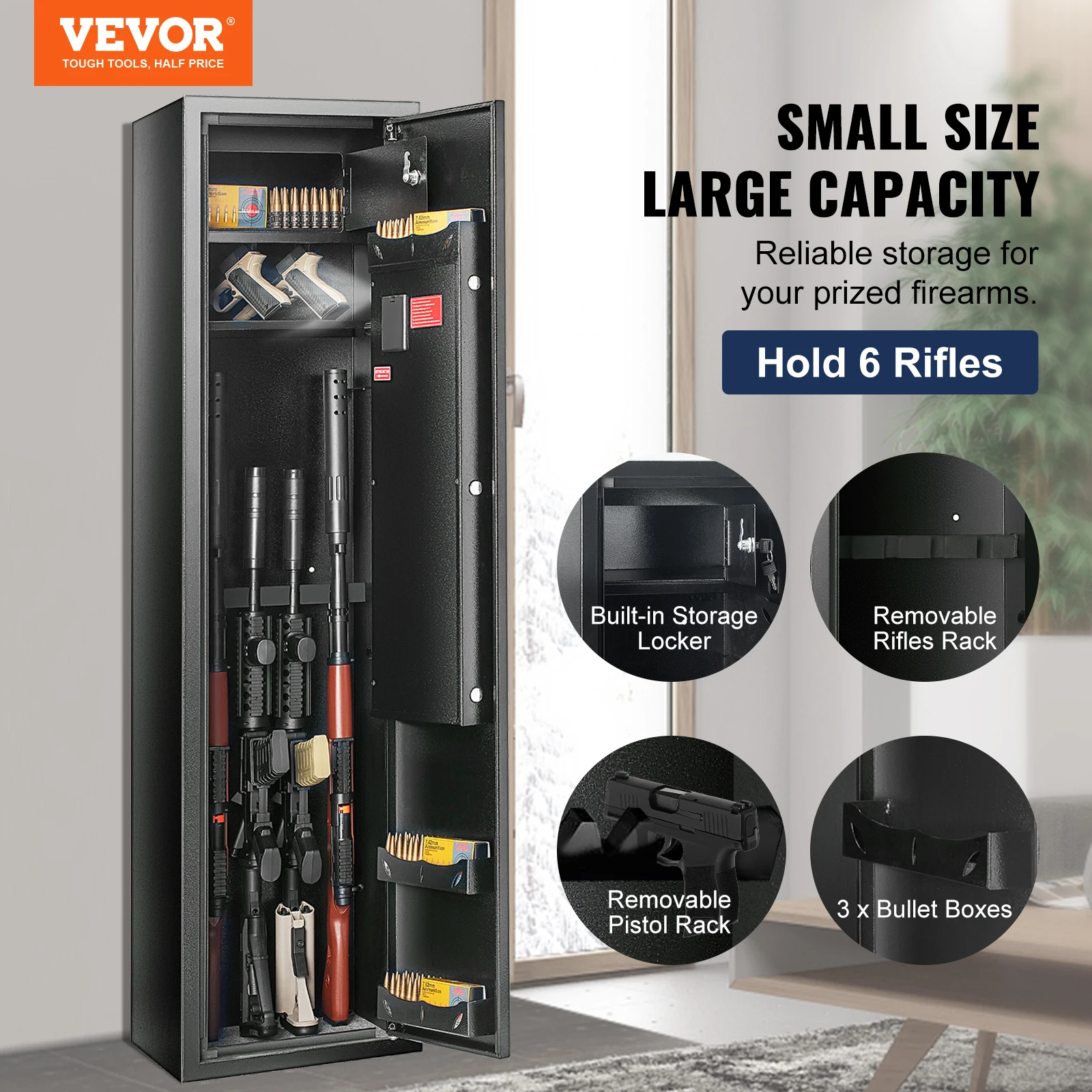 VEVOR-Gun Safe Rifle Safe com Impressão Digital e Bloqueio do Teclado Digital, Gabinete de armazenamento removível, armário embutido, 6 linhas