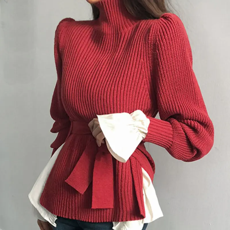 2023 Autumn Winter Women Vintage Elegant Chic Lace Up Turtleneck Knitted Sweater Fashion Split Solid Long Sleeve Slim Pullovers