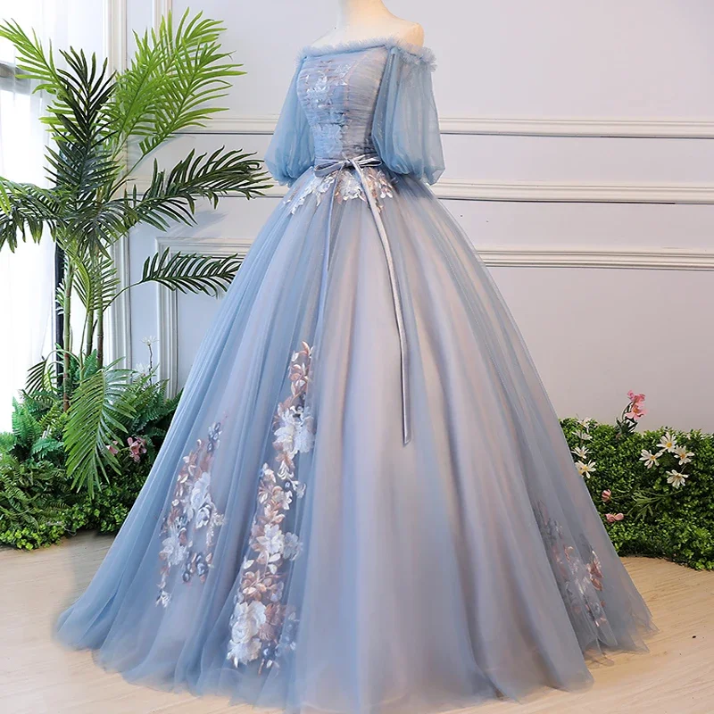 It\'s yiiya vestido de casamento elegante, manga lanterna azul, vestidos de casamento, laço, tamanho grande, robe de comprimento até o chão ch069