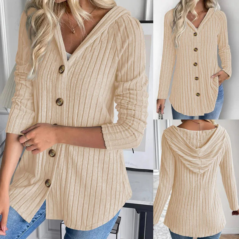 

2025 New Autumn Winter Brushed Ribbed V Neck Hooded Long Sleeve Solid Color Top Women Multiple Color Options