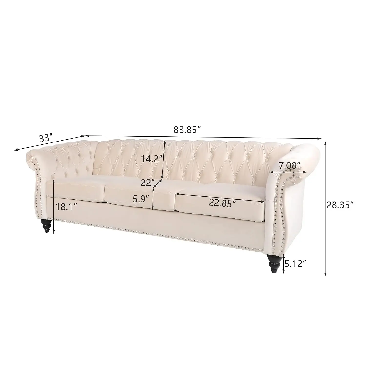 Velvet Chesterfield Sofa, Tufted Upholstered 3 Seater Settee with Back for Living Room Office, Customized