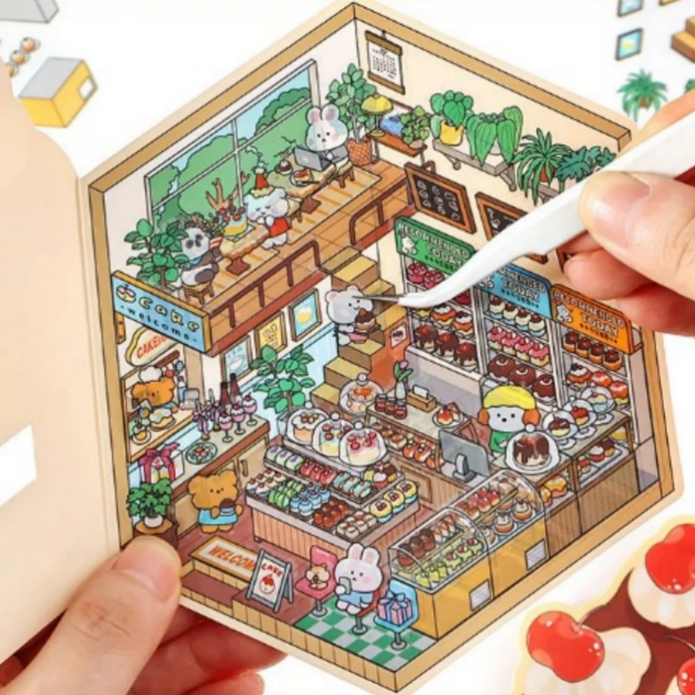 Nueva pegatina de escena en miniatura DIY de dibujos animados, tienda de postres de Sushi, pegatinas de paisaje 3D, pegatinas apilables visuales, regalo para niños y estudiantes