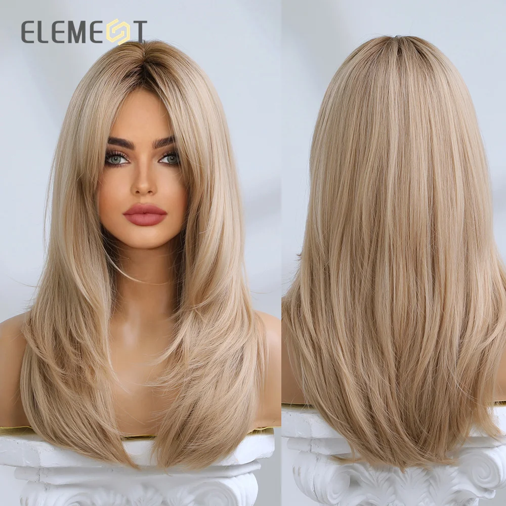 Element Peruki z włókien syntetycznych dla kobiet Długa prosta falista brązowa blond peruka z grzywką Odporna na ciepło moda Naturalna codzienna