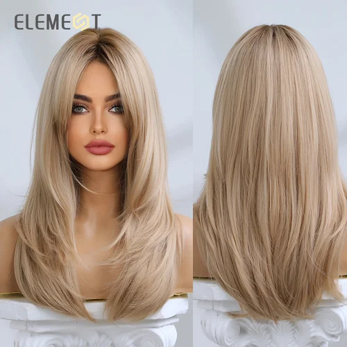 Imagen 1 del producto Pelucas de fibra sintética Element para mujer, peluca larga recta ondulada marrón rubia con flequillo, resistente al calor, moda Natural para fiesta diaria