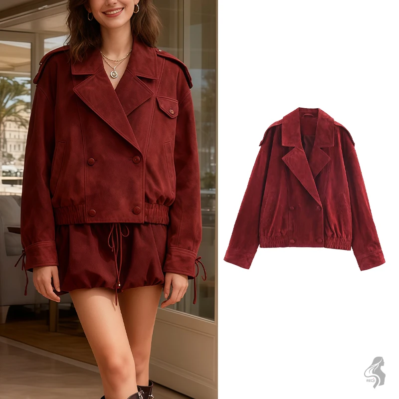 Jaqueta de ombro duplo breasted para mulheres com gola de terno reunida bainha solta curta estilo vintage jaqueta de viagem roupas femininas